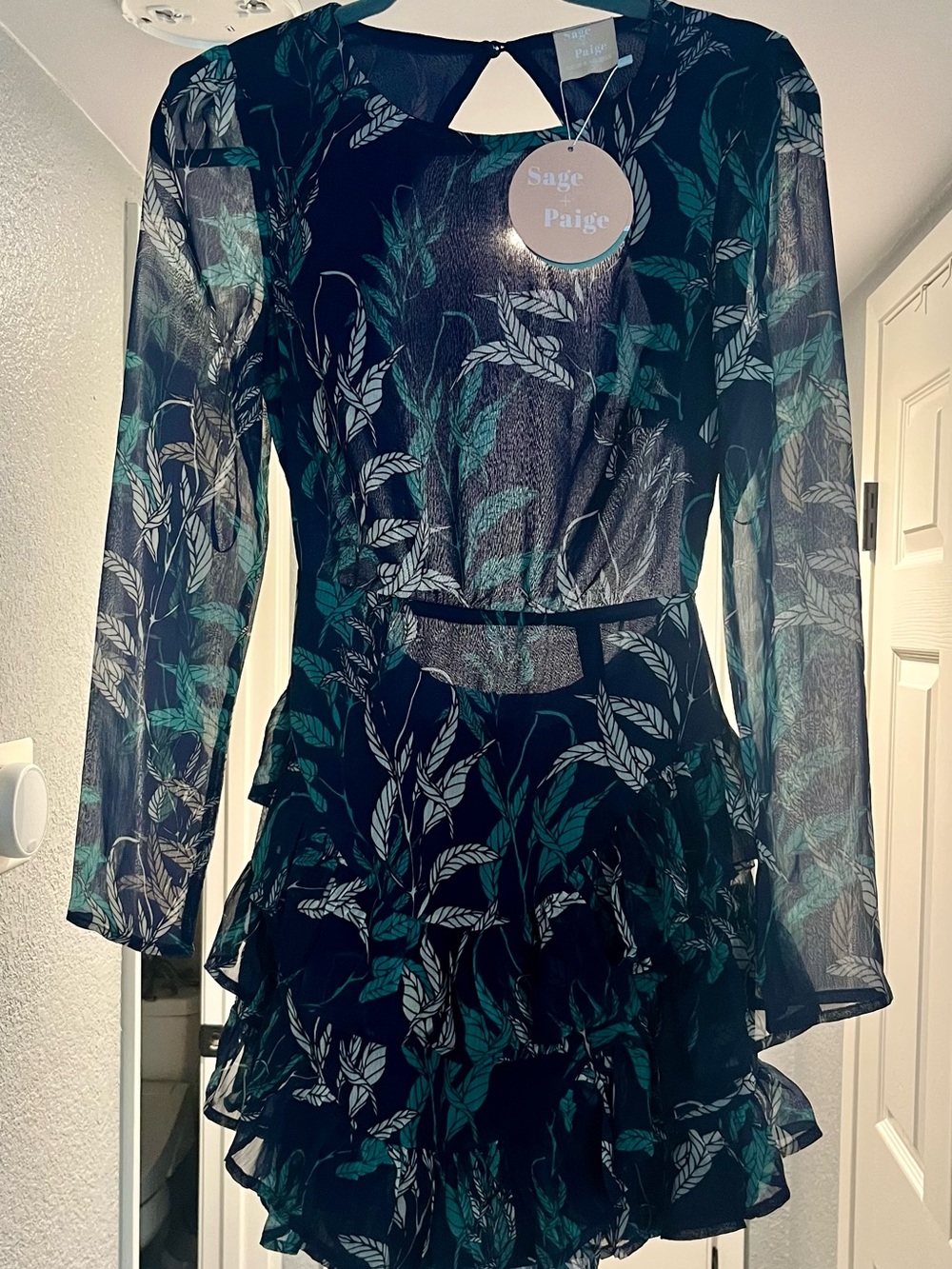 Sage + Paige Black Leaf Print Ruffle Dress